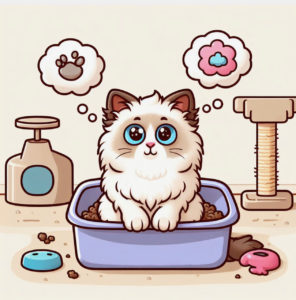 Cartoon-like seal bicolor ragdoll using a litter box