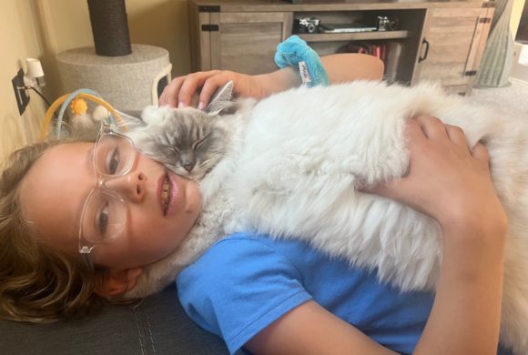 girl laying down with ragdoll cat asleep on chest