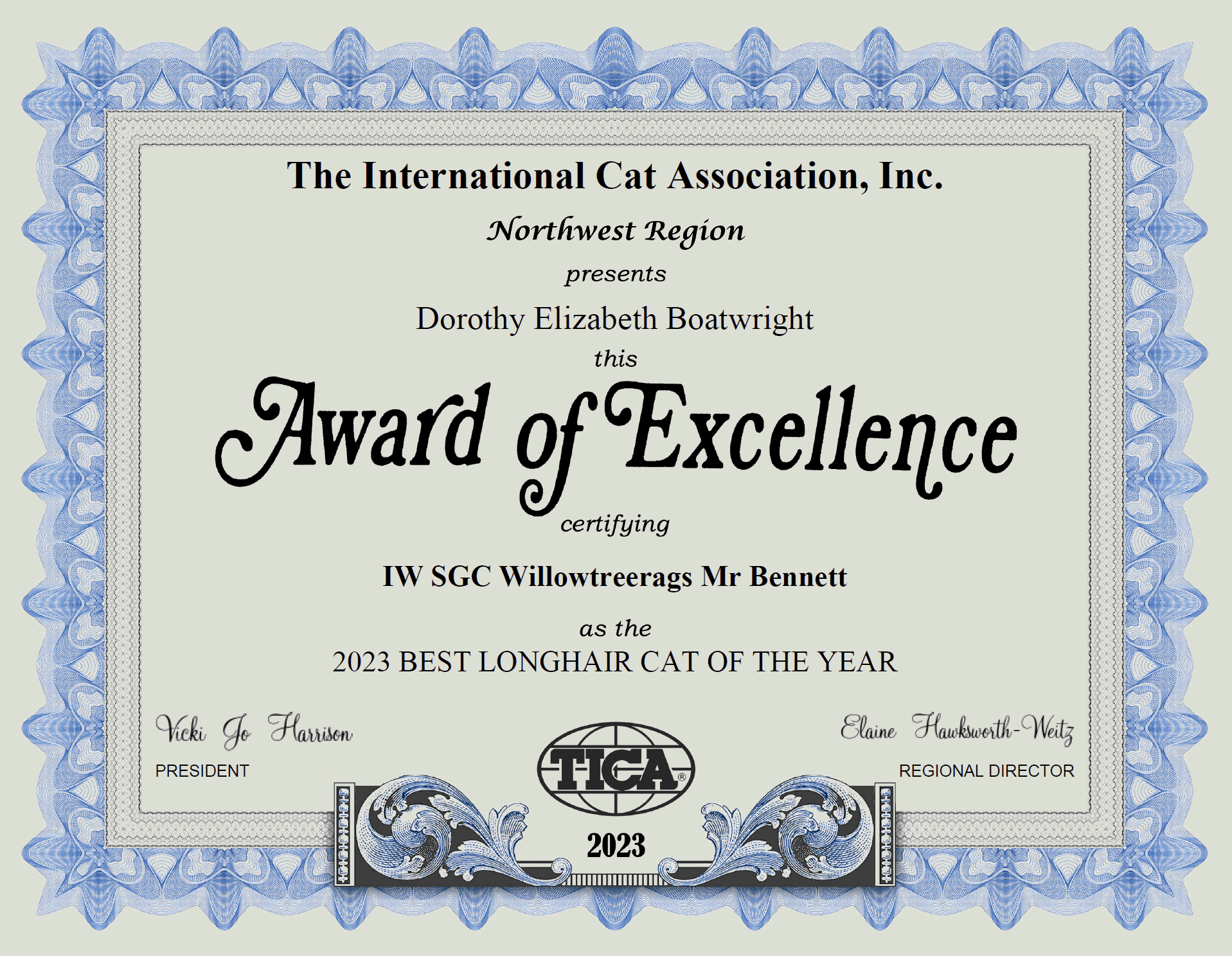 BEST LONGHAIR CAT OF THE YEAR TICA 2023 CERTIFICATE