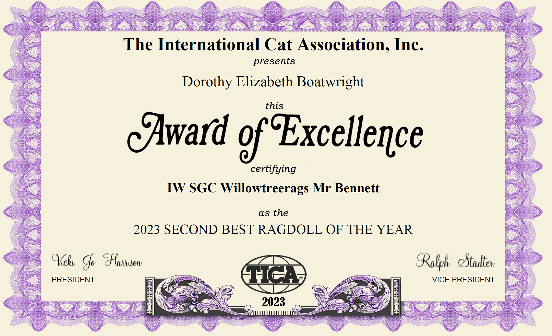 AWARD OF EXCELLENCE SECOND BEST RAGDOLL OF THE YEAR IN 2023 INTERNATIONALLY WILLOWTREE RAGDOLLS MASTERPIECE RAGDOLLS